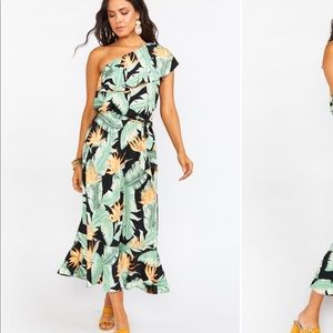 Show Me Your MuMu Tropical One-Shoulder Midi Dress - Black and Green